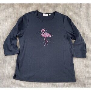 Quacker Factory Rhinestone Pullover Top Flamingo Bird Design Size Large Black